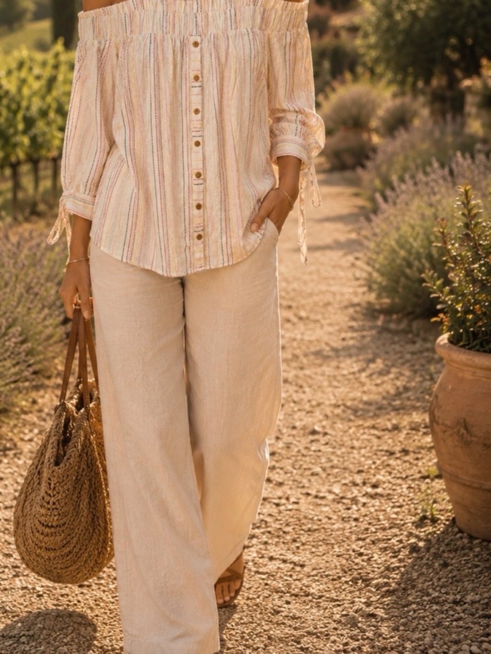 Off-Shoulder Cream Stripe Button-Front Women's Top